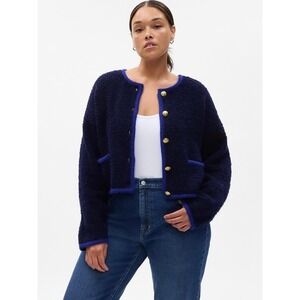 GAP Boucle Cropped Sweater Jacket Navy Blue Combo Gold Buttons XXL NWT